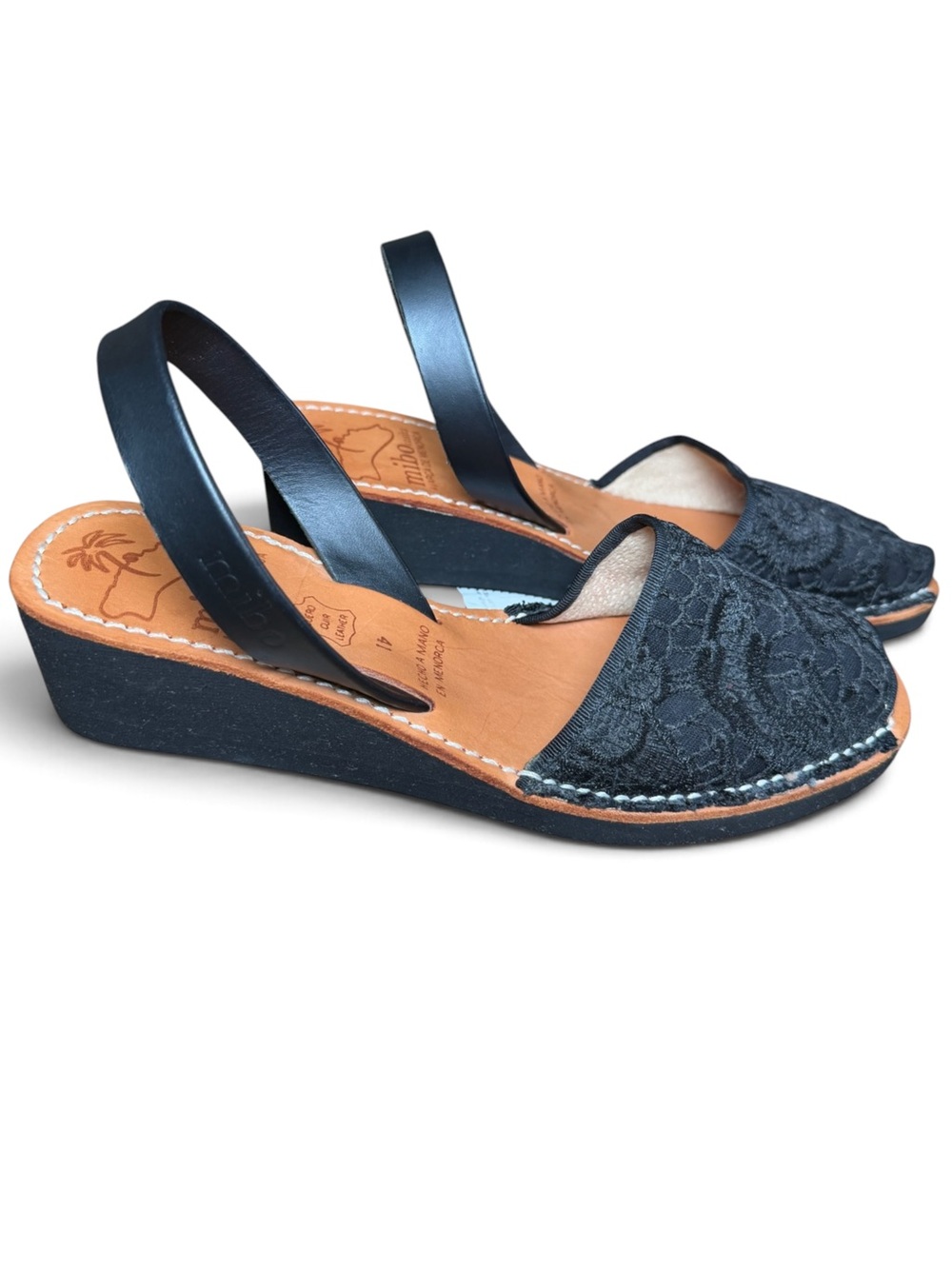 Mibo Cosits Avarca Menorca Black Lace Leather Wedge Slingback Sandals